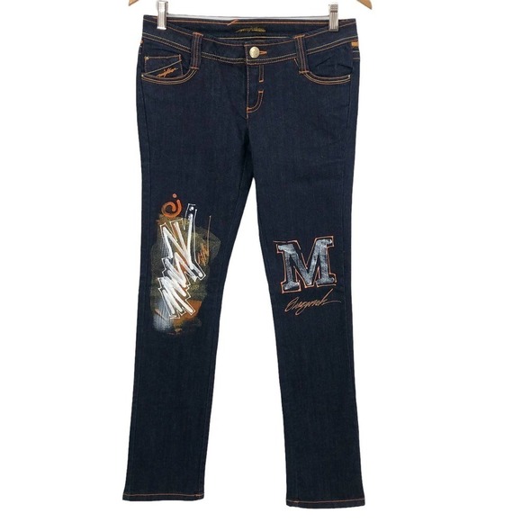 Miskeen Women's Graffiti Skinny Jeans Size 9 Painted & Embroidered Dark Wash - Picture 1 of 12